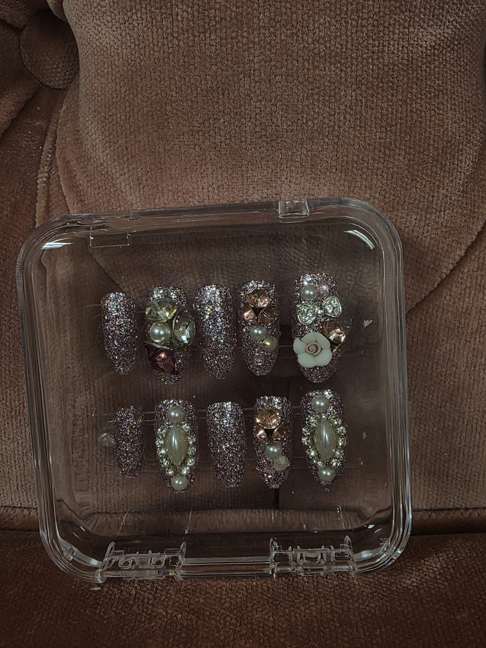 Sparkling Pink Rhinestone and Pearl Accent Press-On Nails